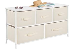 mDesign 21.65" High Steel Frame/Wood Top Storage Dresser Furniture Unit with 5 Removable Fabric Drawers - Wide Bureau Organizer for Bedroom, Living Room, Closet - Jane Collection, Cream/White