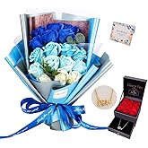 EIGHTOWN Roses Bouquet Artificial Flower - Preserved Blue Rose Flowers with Love Necklace for Her - Unique Gifts Valentine's Day, Mother's Day, Thanksgiving, Birthday, Anniversary