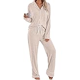 LILLUSORY Women's Long Sleeve Pajama Set - Soft Button-Down Top & Comfortable Drawstring Pants with Pockets
