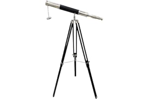 NAVIROCK Vintage Single Barrel Marine Brass Telescope Black Leather Nautical Adjustable Wooden Floor Standing Tripod Chrome Finish Home & Office Decorative