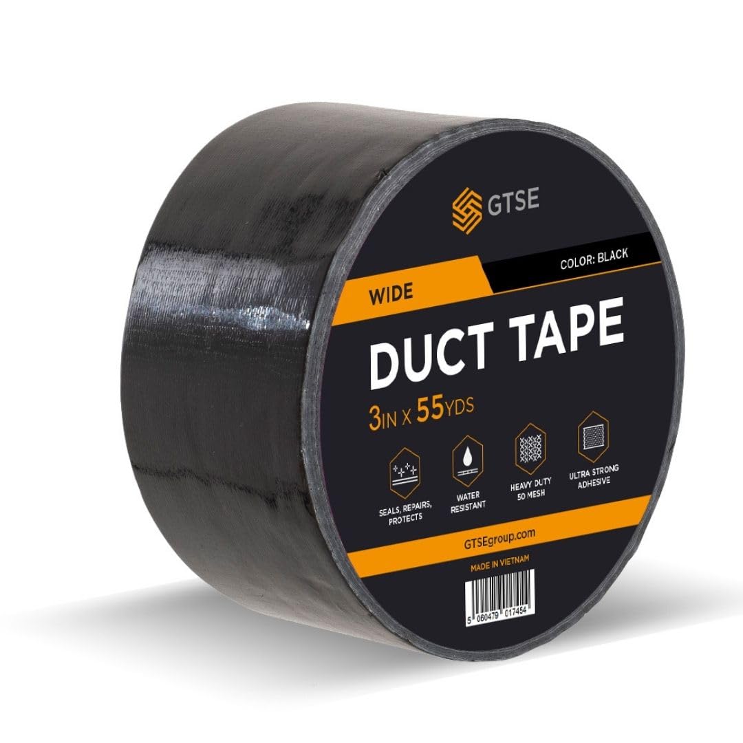 GTSE Wide Black Duct Tape, 75mm x 50m, 3” Waterproof Strong Adhesive Gaffer Tape for Patching, Sealing, Securing Cables and Labelling, Heavy Duty Tape, One Roll