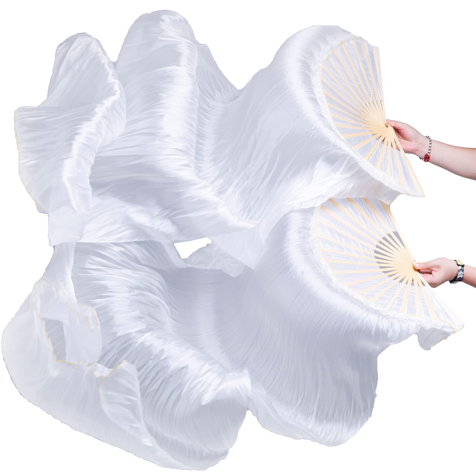 Photo 1 of Women 1 Pair Hand-Made Silk Long Belly Dance Fan Veils White Color (1.2 m)