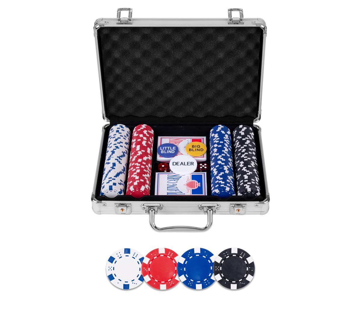 Engelhart - 320905 - Complete Poker Set - Silver Metal Case - 200 Chips 11.5g Unnumbered + 2 Decks, 3 Dealer Buttons, 5 Dice - Poker Game Set