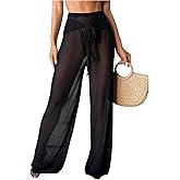 RoseSeek Women's Sheer Mesh Tie Front Bathing Suit Cover Up Pants Wide Leg Loose Swimsuit Cover Up Beach Pants
