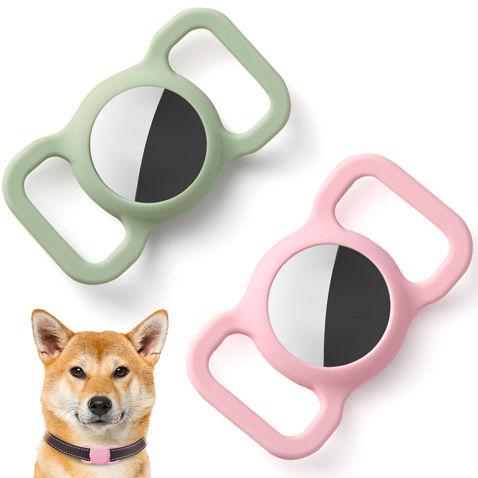 Kuaguozhe Silicone Protective Case Compatible with Apple Airtag GPS Finder Dog Collar Pet Loop Holder for Apple Air Tags, Slide On Sleeve Compatible with Apple Airtag Pink + Green