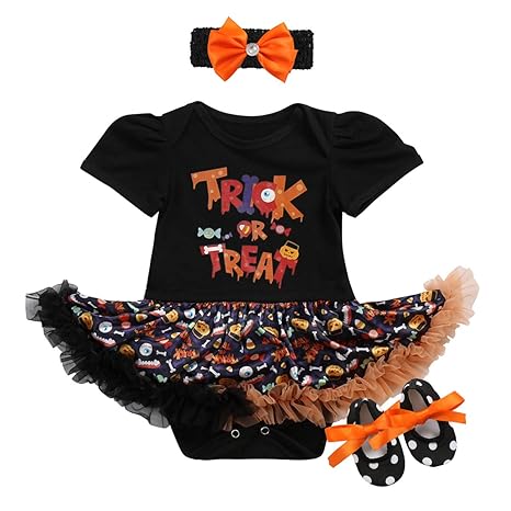 OBEEII Baby Mädchen 1. Halloween Kostüm Kürbis Schädel Strampler Rüschen Tutu Rock mit Stirnband Schuhe Weihnachten Allerheil