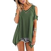 Beluring Womens Cold Shoulder Tops Summer Short Sleeve V Neck Casual Tunic Tee Shirts