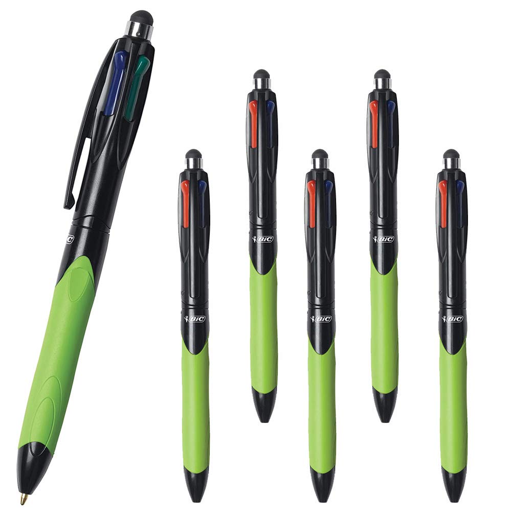 6 x BIC 4-Colour Retractable Ballpoint Pens with Ergonomic Grip & Stylus, 0.4mm Nib, Black, Blue, Red & Green Ink Colours (OEM Packed - Non-Retail Packaging)
