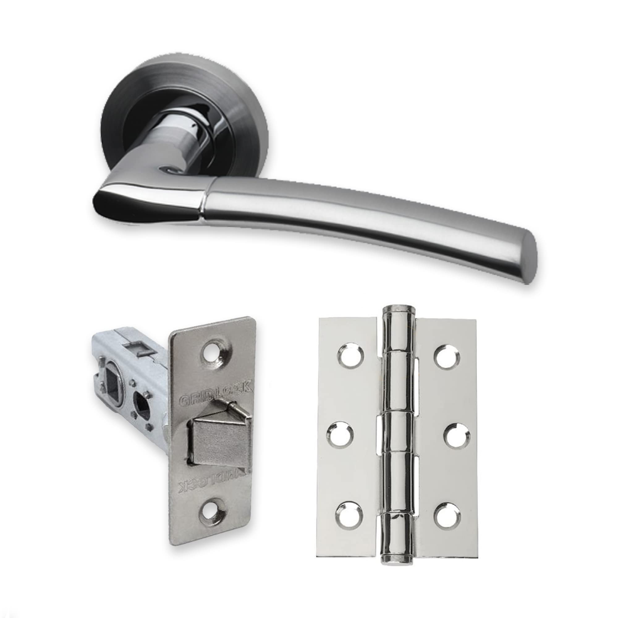UAP Intelligent Hardware - Falcon Door Handle Pack with Hinges and Latch in Polished Chrome/Satin Nickel