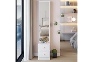 63" H Tall Storage Cabinet with Full Length Mirror, Bedroom 2 Drawer and 3 Tier Shelves, Narrow Dressing Table Side for Room,