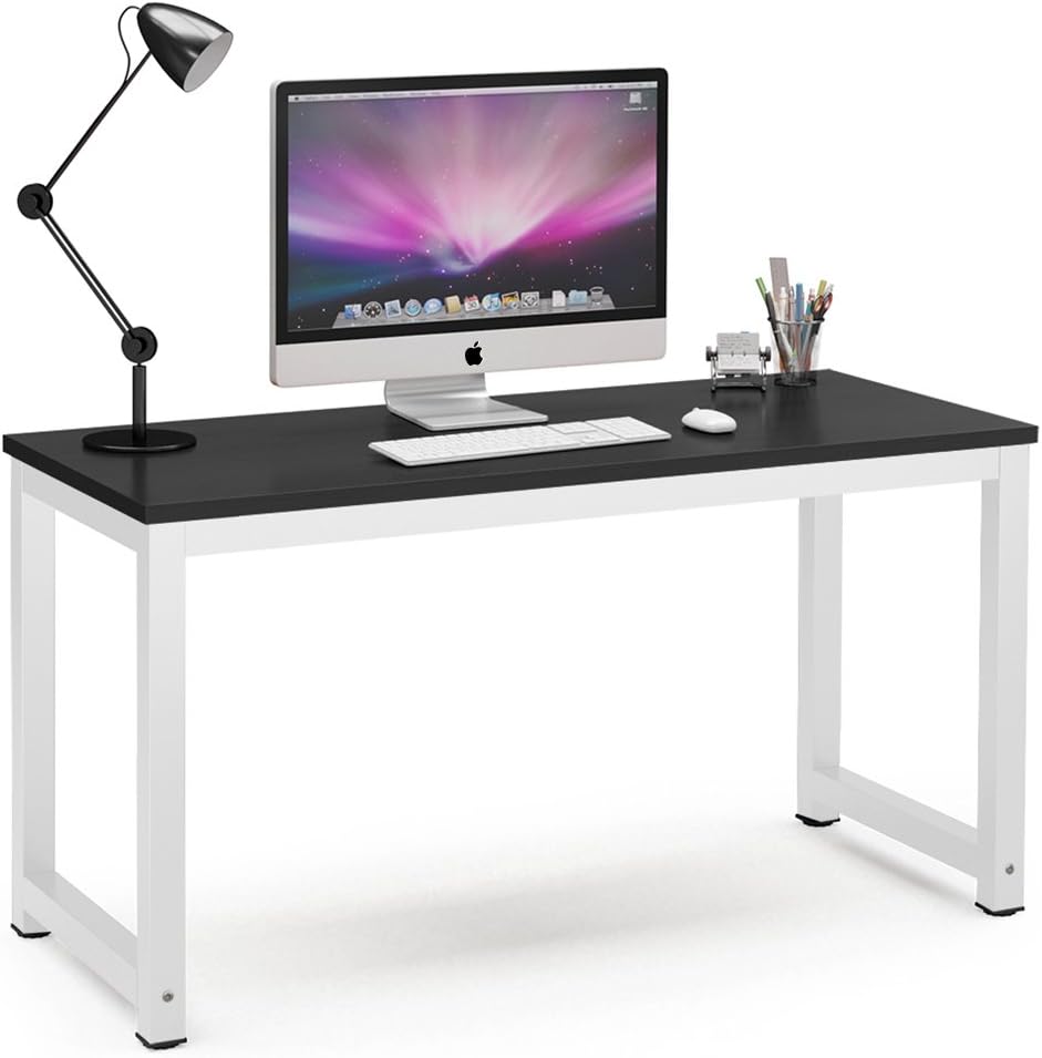 Tribesigns Computer Desk, 55 inch Large Office Desk Computer Table Study Writing Desk for Home Office, Black + White Leg: Furniture & Decor