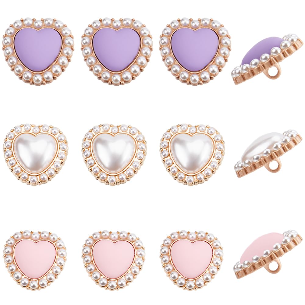 GORGECRAFT 1 Box 3 Colors 15Pcs Pearl Peach Heart Button Metal Women's Love Button Sweater Cardigan Coat Decorative Buckle Round Purple Pink Gold White for Women Clothes Hair Accessories 21.5x22.5mm