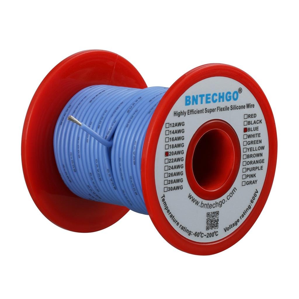 BNTECHGO 20 Gauge Silicone Wire Spool Blue 100 ft Ultra Flexible High Temp 200 deg C 600V 20 AWG Silicone Rubber Wire 100 Strands of Tinned Copper Wire Stranded Wire for Model Low Impedance