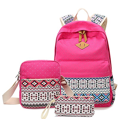Abshoo Canvas Dot Backpack Cute Lightweight Teen Girls Backpacks School Shoulder Bags (Rose Red)
