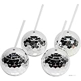 Andaz Press 1970s Disco Ball 19 oz Drink Tumbler with Straw, Silver, 4-Pack, for Metallic Shiny Foil Colored Graduation Anniv