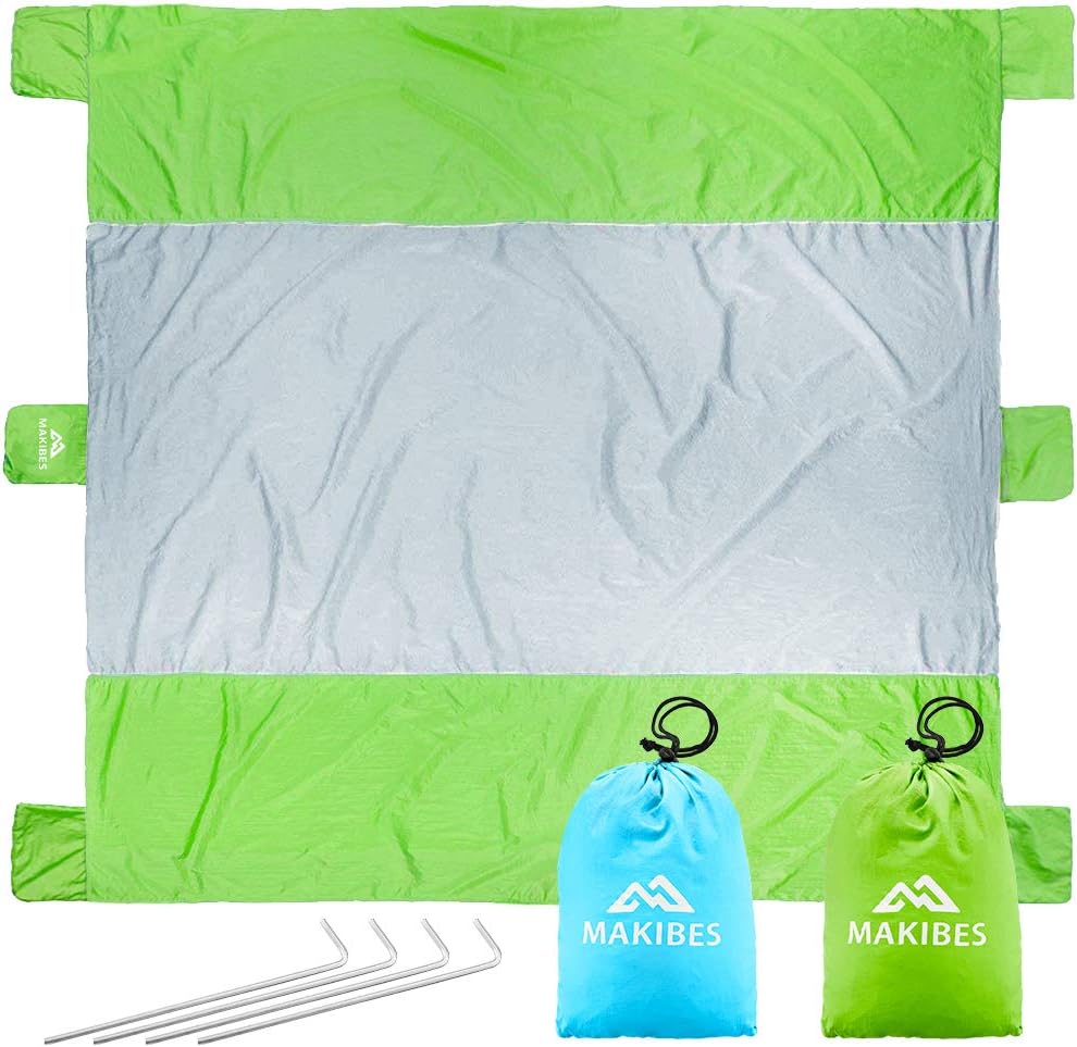 Makibes Oversized Beach Blanket Sand Proof Picnic Mat Waterproof Camping Mat for Kids, Fast Dry Strong Nylon, 7' x 9', with 6 Anchor, Sand Pockets & 4 Stakes (Green)