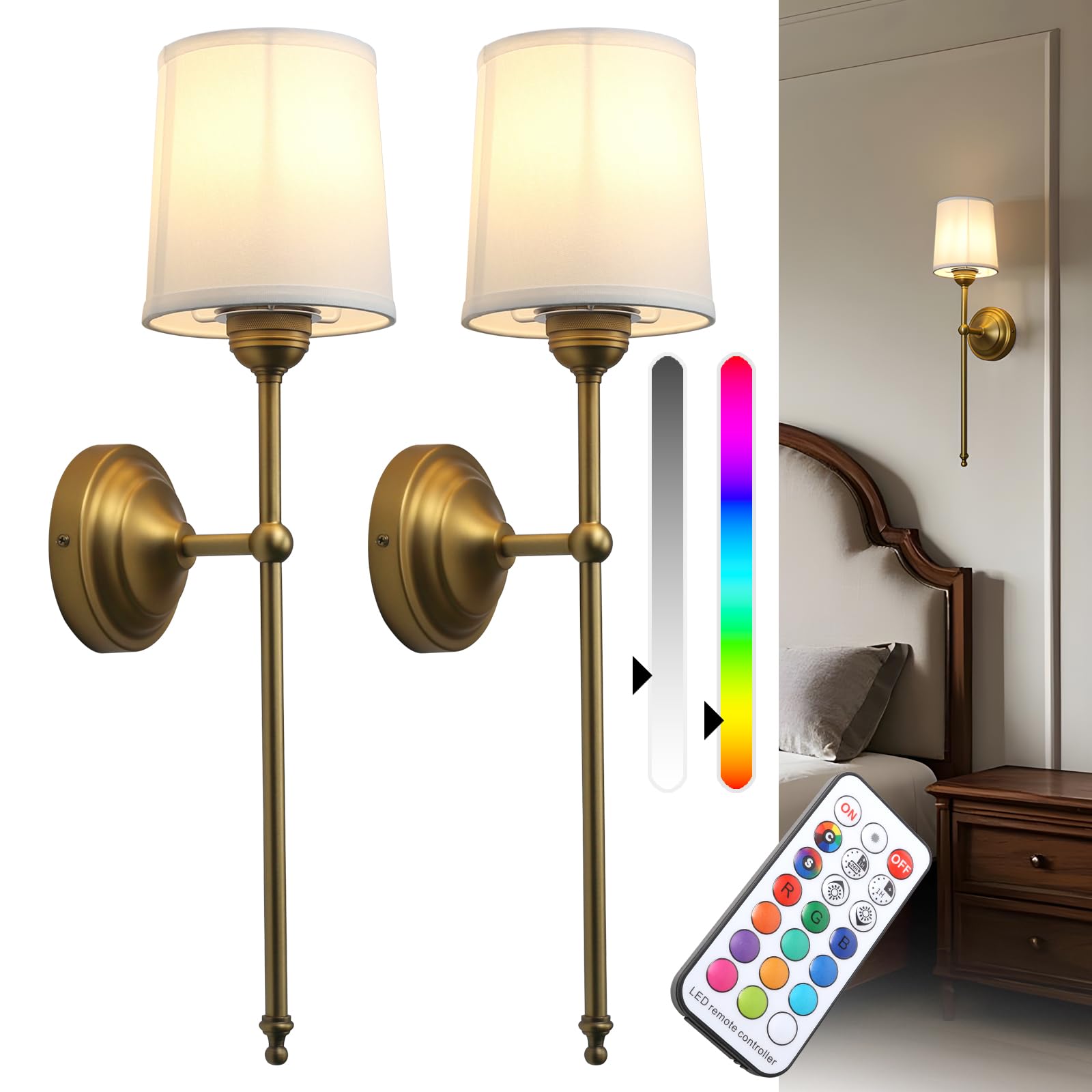 Photo 1 of JIMUBEAM Vintage Wall Sconces Set of 2 with Fabric Shade, Cloth Textile Wall Lights with Dimmable Bulb, Indoor Hardwired Wall Mounted Lamp for Living Room Bedroom Stairway