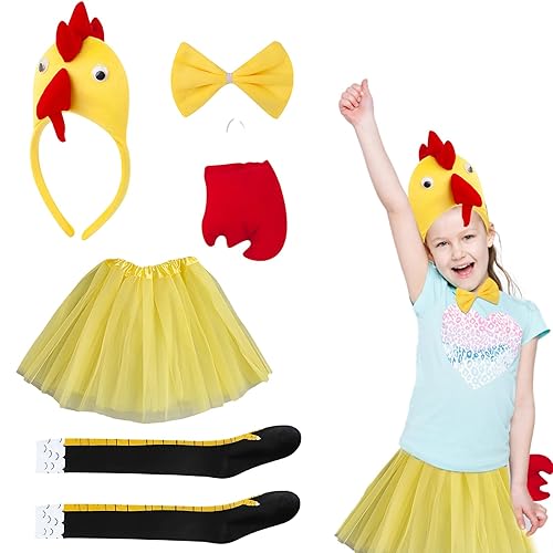 STIFFENERS 5PCS Chicken Costume Set, Chicken Fancy Dress Set with Headband and Accessories, Fun Animal Costume for Kids and Adults, Halloween Party and Themed Birthday Celebrations