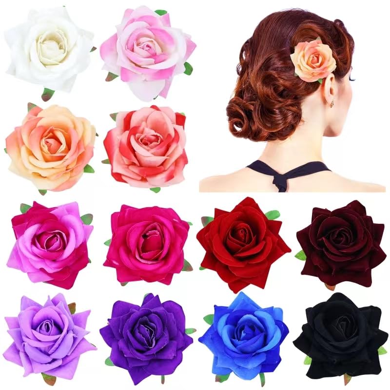 inSowni 12 Pieces Flamenco Dancer Mexican Rose Flower Brooches Pins Prom Party Wedding Bridal Floral Alligator Hair Clips Barrettes Accessories for Women Girls