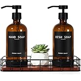Kitchen Soap Dispenser Set with Tray, Amber Glass Soap Dispensers with Iron Basket, Decorative Hand and Dish Soap Dispenser Set, Soap and Lotion Dispensers for Kitchen and Bathroom Storage Organizer