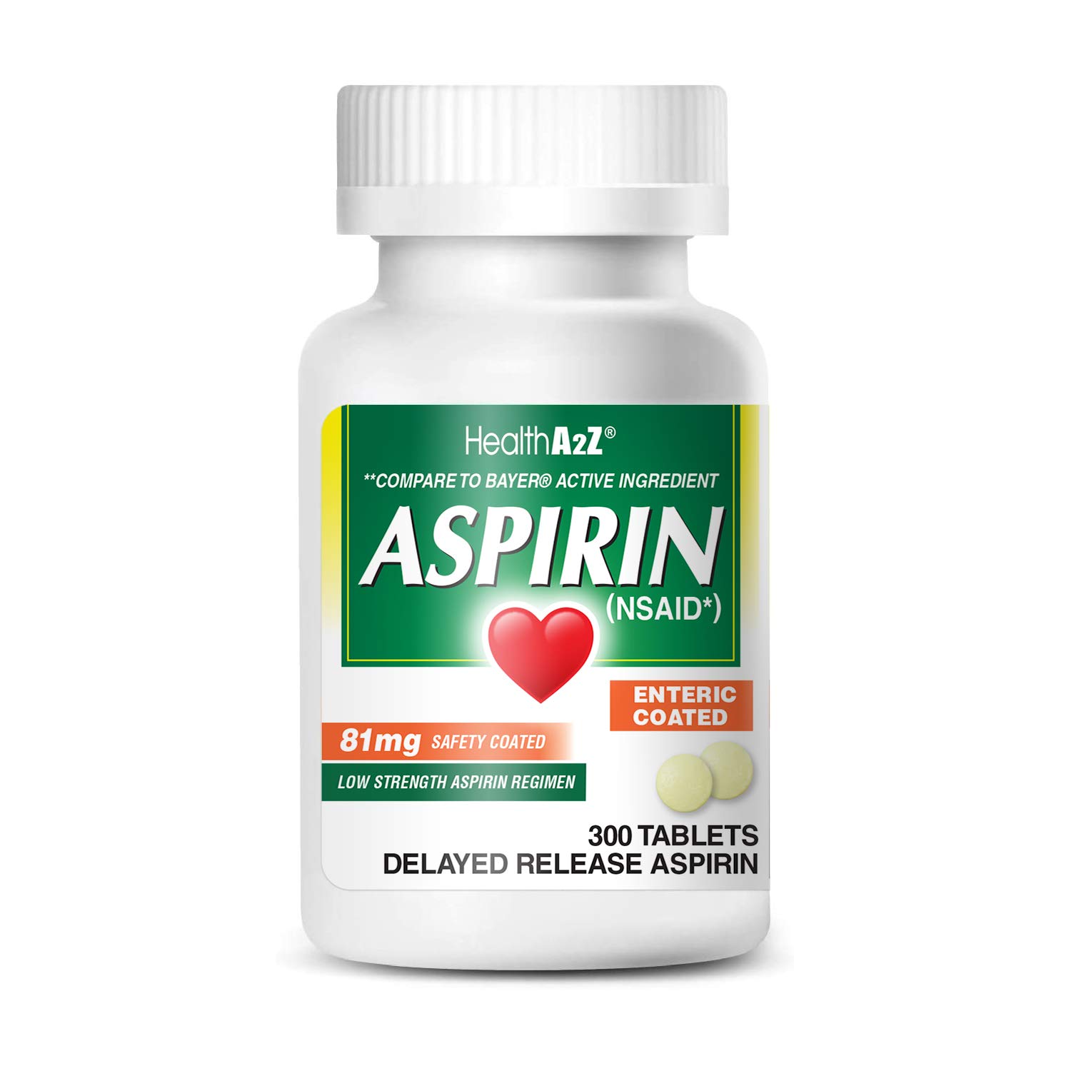 HealthA2Z Aspirin 81mg Low Strength, Enteric Coated, 300 Tablets