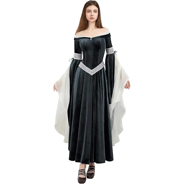 Womens Renaissance Medieval Costume Dress Plus Size Lace Up Halloween Cosplay Retro Gown Flared Sleeves Chiffon Swamp Maxi Pagoda Sleeve Drawstring Larg