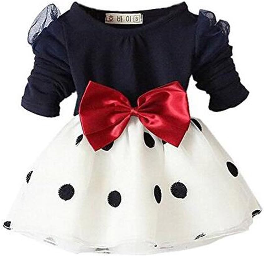 Arrowhunt Baby Girls Long Sleeve Bowknot Polka Dot Organza Dress