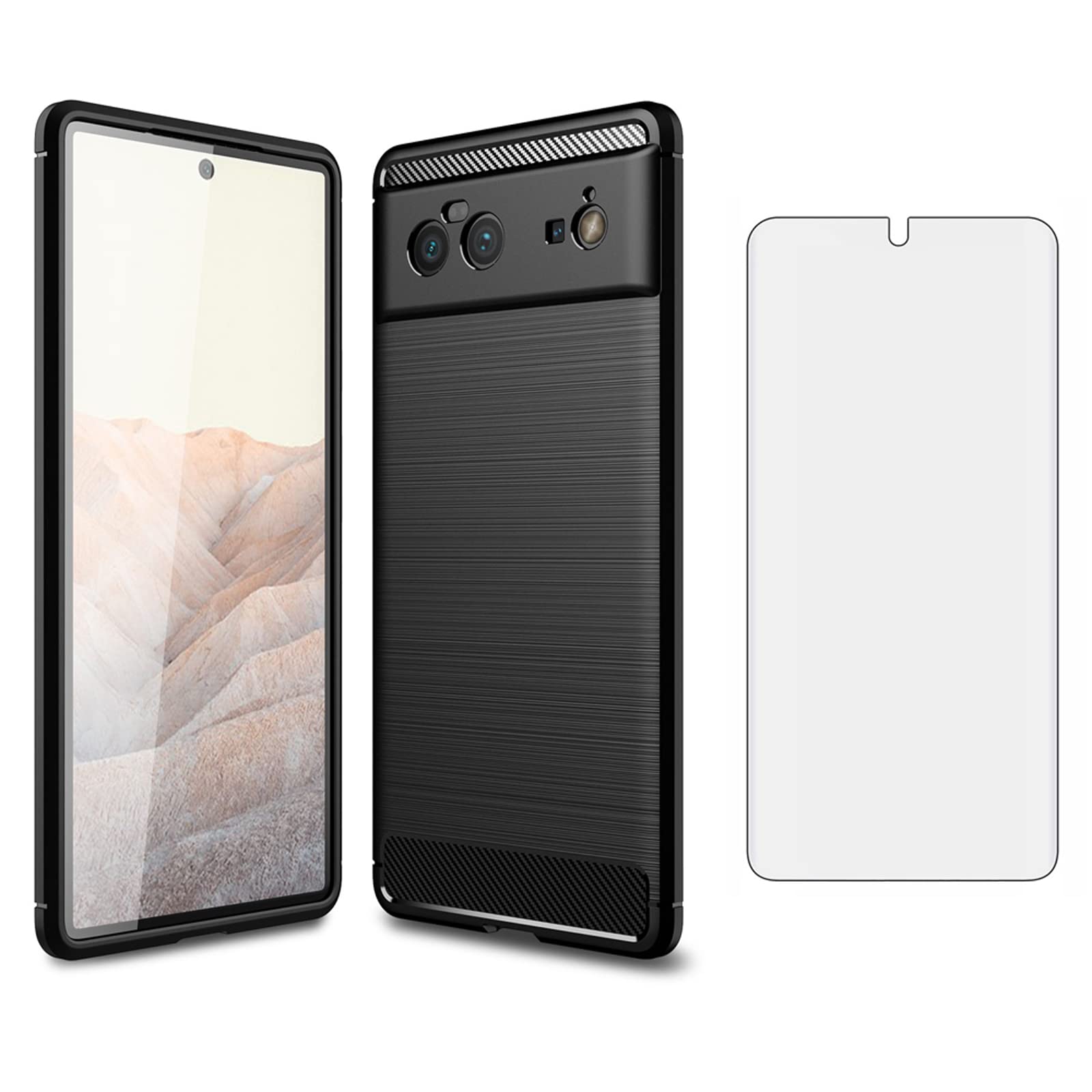 Asuwish Compatible with Google Pixel 6 Case and Tempered Glass Screen Protector with Cell Accessories Shockproof Soft Slim Silicone Carbon Fiber Phone Case for Pixel6 Pixle Six Women Men Black