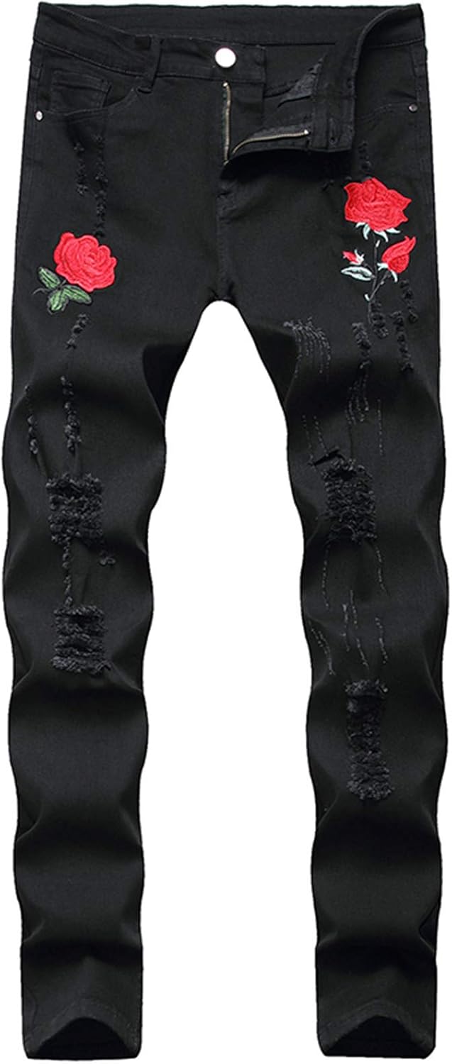 Men's Fashion Rose Flower Embroidery Ripped Jeans Slim Tie Dye Gradient