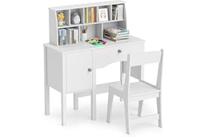 Costzon Kids Desk and Chair Set, Wooden Children Study Desk w/Hutch, Large Cabinet and Drawer for Home School Writing, Reading & Drawing, Computer Workstation Student Table and Chair for 3+ (White)