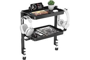 KDD Clamp On Desk Organizer - Adjustable 2-Tier Above or Under Desk Shelves with Large Capacity Tray, Phone & Tablet Holder, Headphone Hook - No Drilling Desktop Storage for Office & Home Accessories