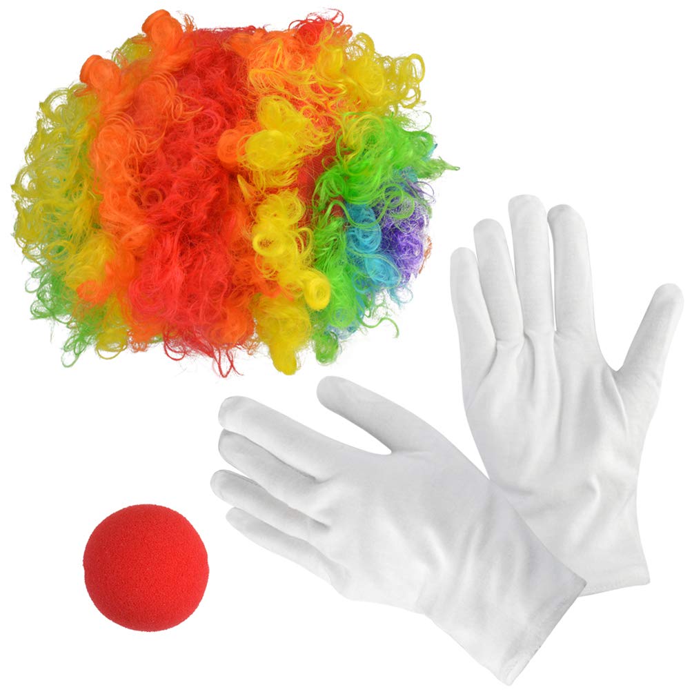 Jerbro Clown Costume Set of 4 Clown Rainbow Wig Clown Nose White Gloves for Clown Parties Carnivals Pretend Play
