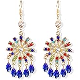 Vintage Ethnic Style Colorful Crystal Flower Lightweight Dangle Drop Earrings Bohemian Petals Tassels Teardrop Floral Earrings for Women