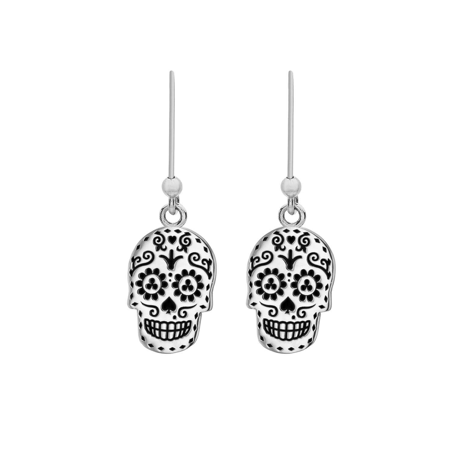 Tuscany Silver Women's Sterling Silver Oxidised 'Day of the Dead' Skull Drop Earrings - 9.8mm x 27mm