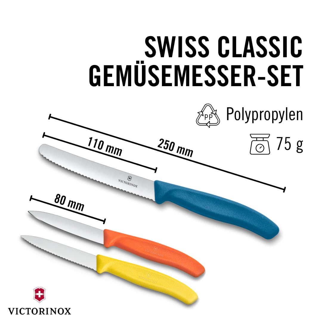 Victorinox Swiss Classic Küchenmesser Set, 3teilig, Gemüse-, Tomaten- und Frühstücksmesser, Scharfe Klinge, Rostfreier Stahl, Gelb/Orange/Blau 2