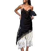 Amiblvowa Women Lace Mini Slip Dress Satin Spaghetti Strap Asymmetrical Dress Sexy Low Cut V Neck Backless Silk Slips