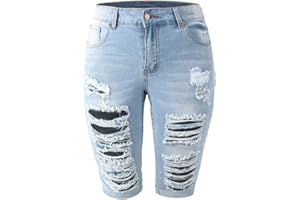 THUNDER STAR Womens Denim Ripped Bermuda Shorts Distressed Knee Length Stretch Short Jeans