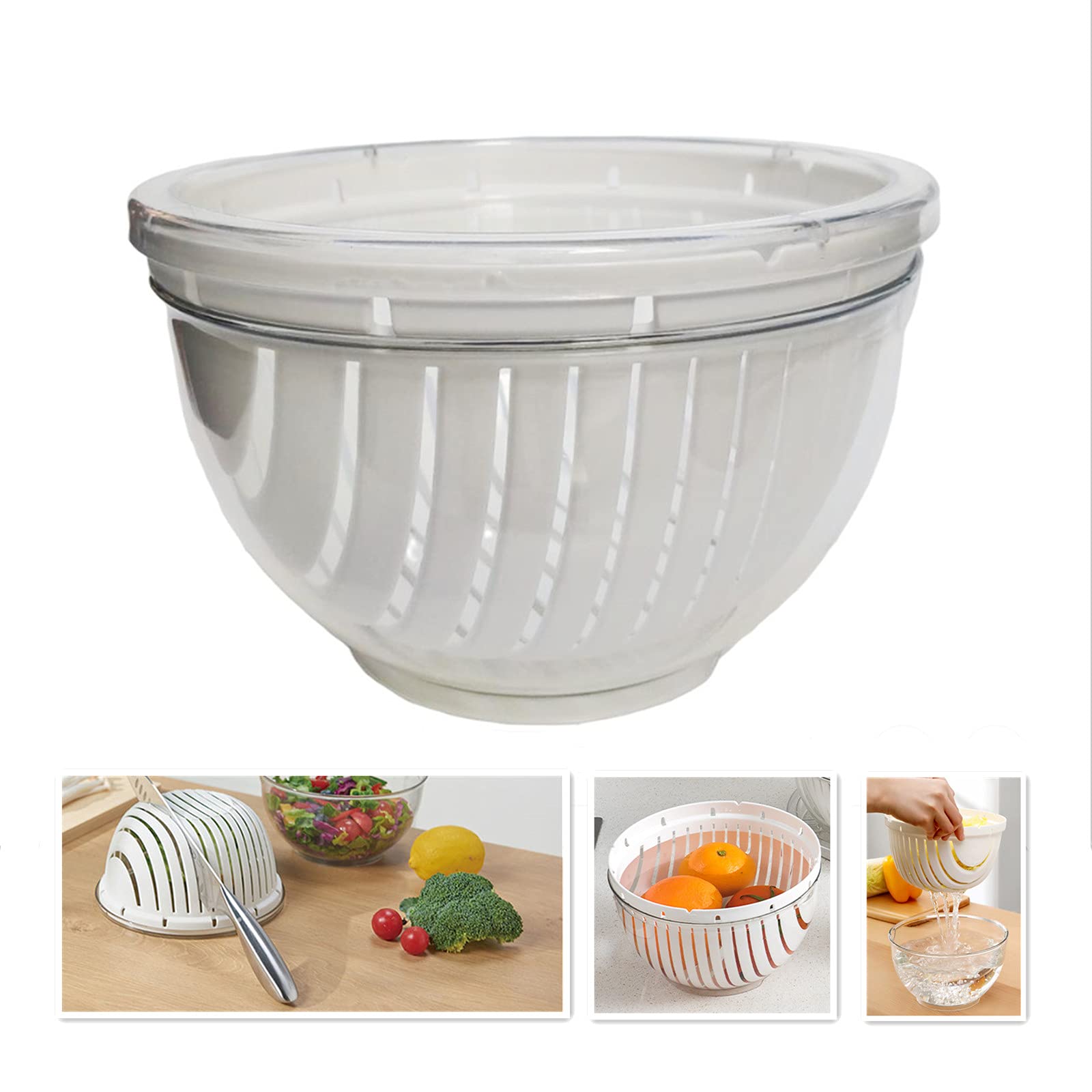 Easy Fruit Vegetable Salad Cutter Bowl, Fantes Multi-Function Kitchen Colander Strainer Double Layered Rotatable (Big - Transparent + White)