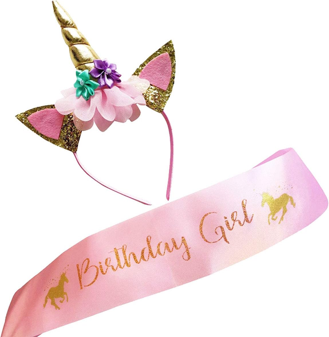 Tonver Unicorn Birthday Girl Set of Gold Glitter Unicorn Headband and Pink Satin Sash for Girls, Happy Birthday Unicorn Party Supplies, Favors and Decorations - 2018 New.