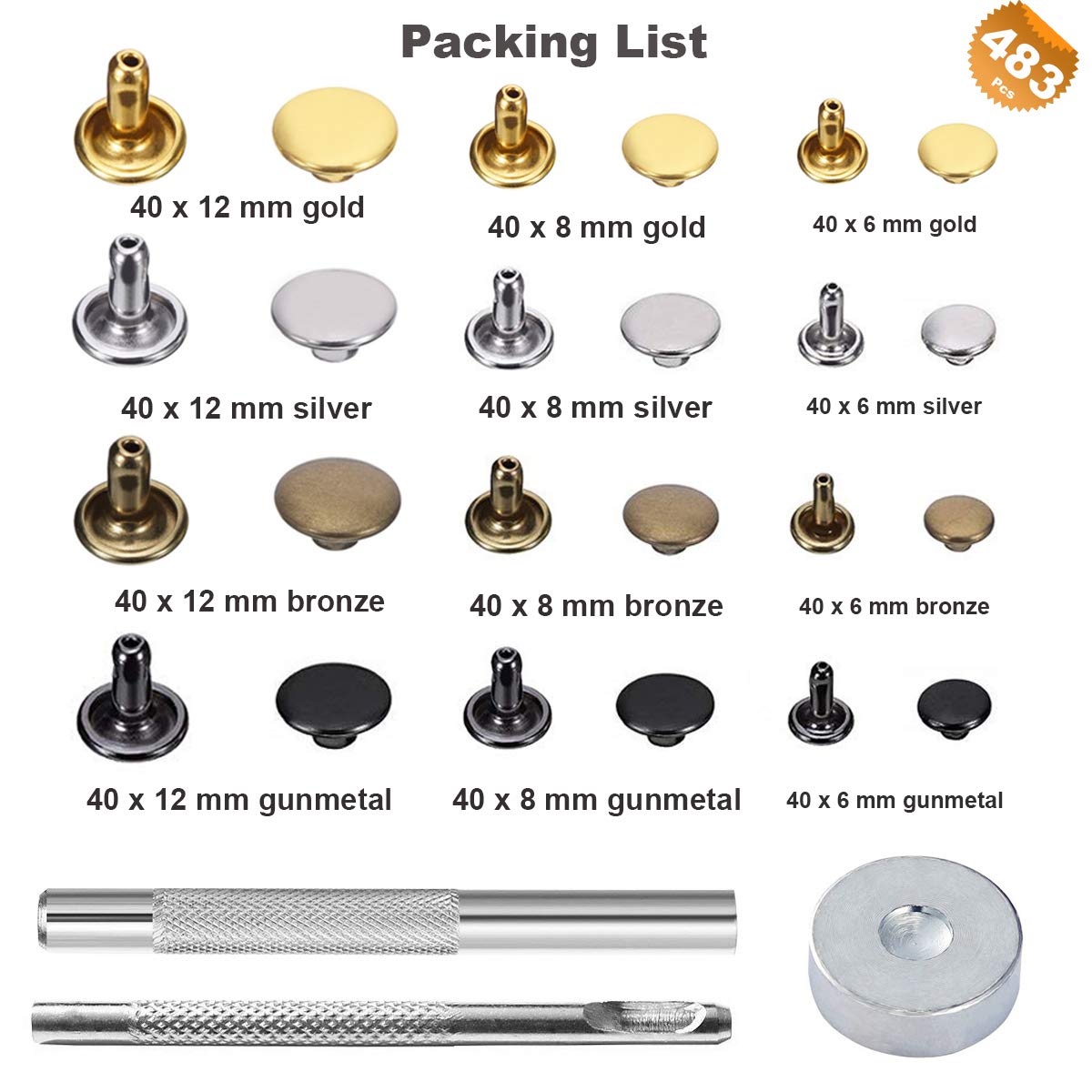 EuTengHao 484Pcs Leather Rivets Double Cap Rivet Tubular Metal Studs 3 Sizes with Punch Pliers and 3Pcs Setting Tool Kit for Leather Craft Repairs Decoration (Gold,Silver,Bronze,Gunmetal, 4 Colors)