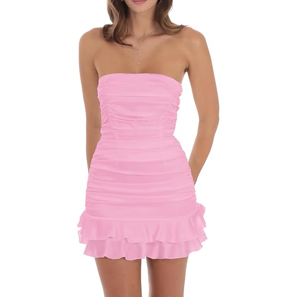MakeMeChic Women's Strapless Ruffle Tube Top Dress - Knit Bodycon Mini Summer Dress