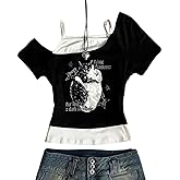 Emo Grunge Shirts Punk Guitar Graphic Baby Tees Fake Two Piece Short Sleeve 2000s Vintage Y2k Crop Top Goth Alt Clothes