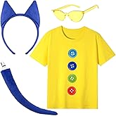 JcHrmers Blue Cat Ears Headband Tail Yellow Glasses Button and Printed T-shirt for World Book Day Halloween Party Accessories