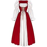 Womens Renaissance Dress, Halloween Medieval Victorian Costume Lace Up Bubble Sleeve Fairy Maxi Dresses
