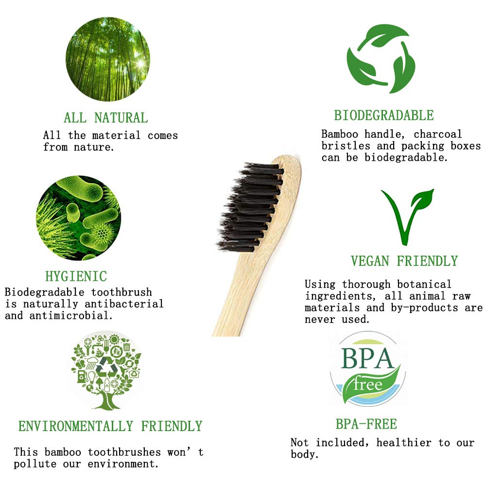 Bamboo Toothbrush - iBayx All Natural Organic Eco-Friendly Antibacterial Toothbrushes with Bamboo Handle and Charcoal Bristles, BPA Free & 100% Plastic-Free Biodegradable, Family Set, 4 Pack
