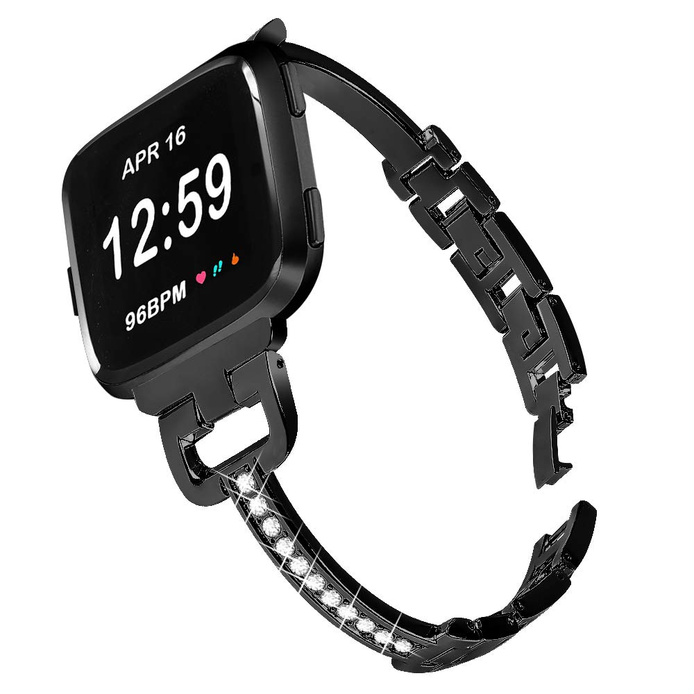 GIMart Compatible for Fitbit Versa 2/Versa/Versa Lite Strap Women Girls Metal Bling Rhinestone Watch Strap Replacement Wristband Strap Bracelet for Fitbit Versa/Versa SE Small Large (Black)