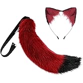 Merkaunis 2 Pcs Oversize Wolf Ears and Tail Sets, Fox Ears and Tail Set for Men and Women, Fluffy Therian Stuff Fox Costume for Halloween Christmas Party, a Fox Headband and a Fluffy Tail
