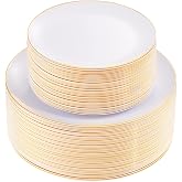 KIRE 100PCS White Plates with Gold Trim - Plastic Disposable Plates - Includes 50Pieces 10.25inch Dinner and 50Pieces 7.5inch Dessert/Salad Plastic Plate for Wedding Receptions/Party/Thanksgiving