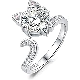 JewelryPalace Sweet Cat Pink Cubic Zirconia Rings for Women, Bow 14K White Gold 925 Sterling Silver Open Adjustable Ring for Her, CZ Gemstone jewelry Sets Rings