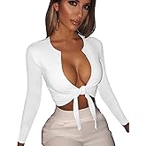 BORIFLORS Women's Sexy Tie Up Crop Top Short Sleeve Deep V Neck Casual Basic T Shirt